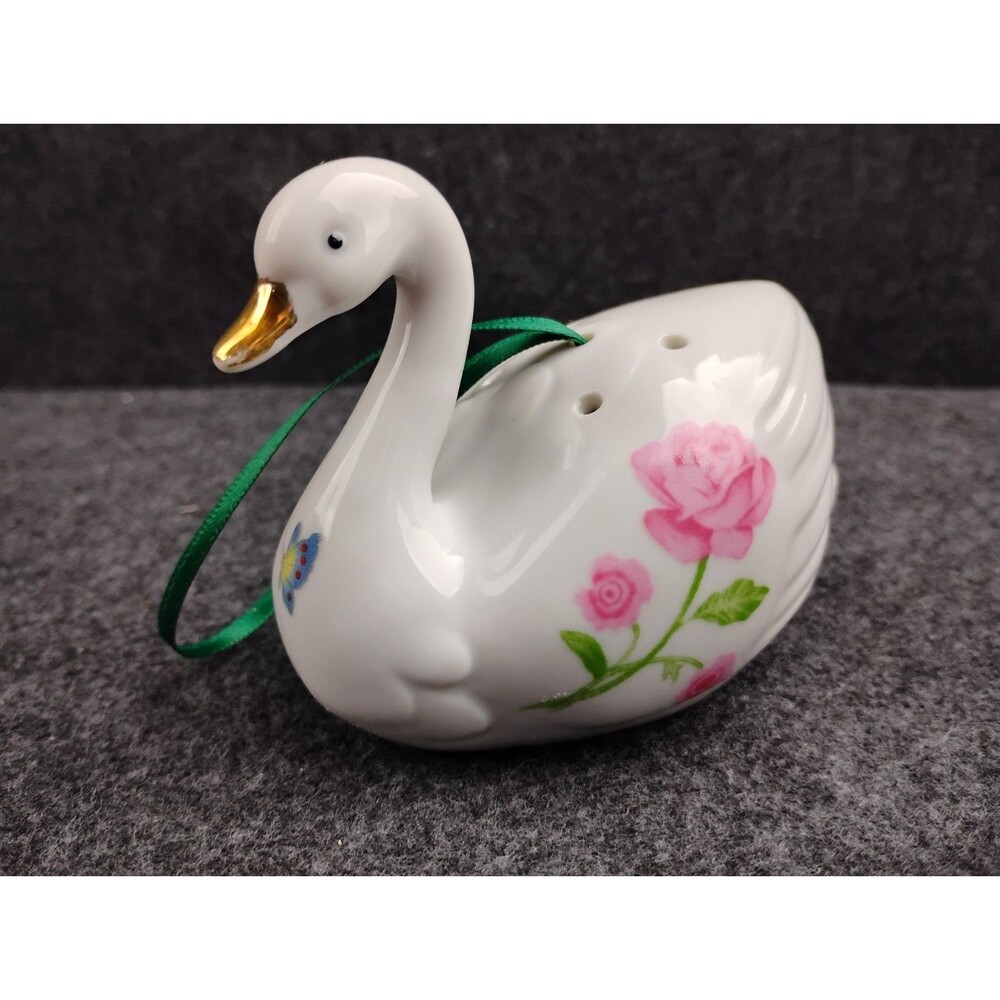Vintage Porcelain Swan Potpourri Sachet With Pink Rose Design